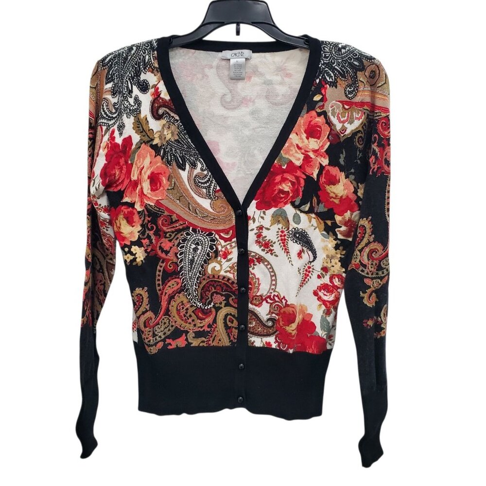 Cache Women's Vintage Floral‎ Paisley V-Neck Button Front Knit Cardigan Size M